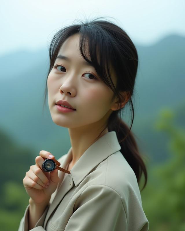 Kaze Ridgeの創設者、佐藤陽子の瞑想的な肖像画。日本の自然の美しさに囲まれています。