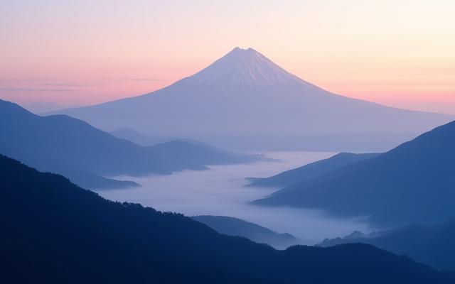日本の早朝の山岳風景、ピンク色の空と霧の谷間