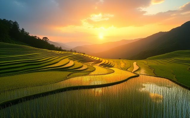 夕焼けに染まる日本の棚田、反射する空