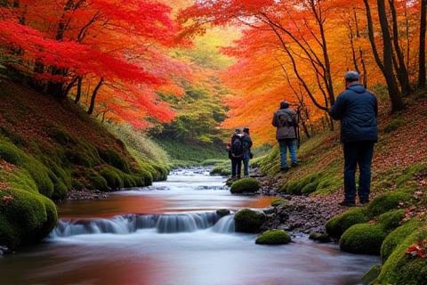 紅葉の渓谷を撮影するグループ